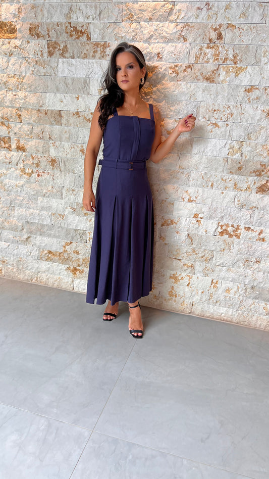Conjunto Blusa e Saia Midi Vintage PIS - Azul Marinho 5592