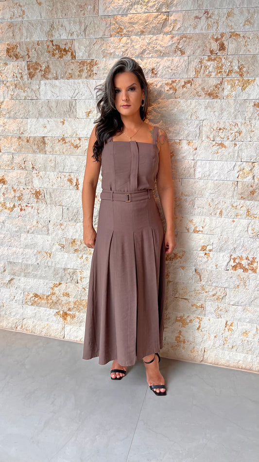 Conjunto Blusa e Saia Midi Vintage PIS - Marrom 5592