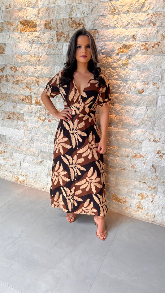 Vestido Midi Manguinha Folhagem Branca PIS- Estampando 5605