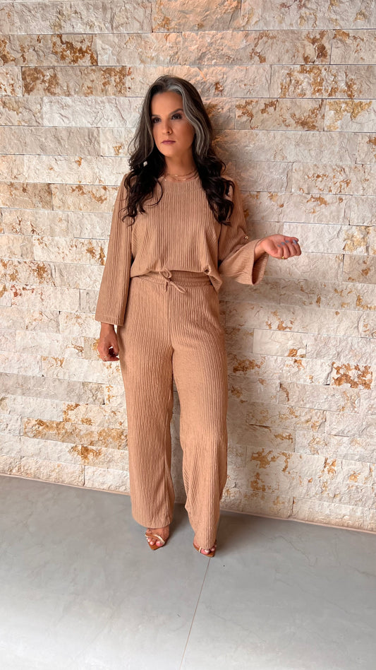 Conjunto Calça e Blusa Tec Plissado MAZ- Bege 5709